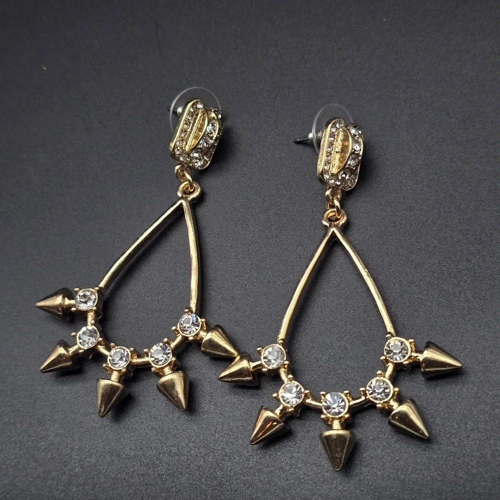 Gold Tone Rhinestone Studded Spike Hoop Earrings Pierced Edgy Punk